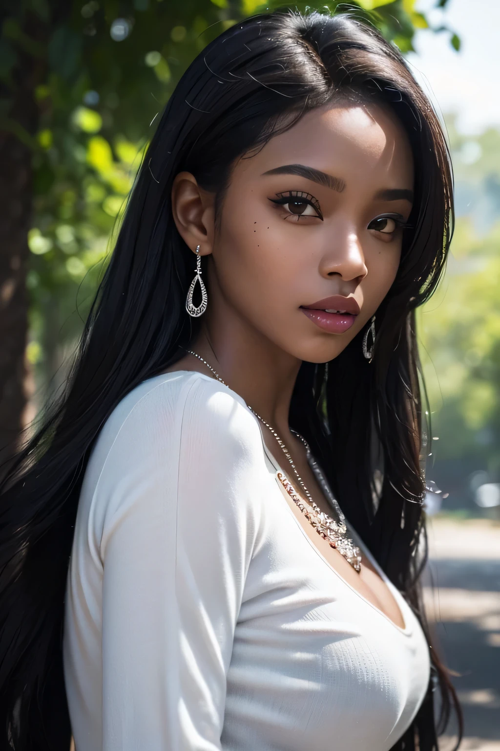 A black woman with dark skin is the main subject of the portrait. Her hair is styled in elaborate copper braided hair, shining beautifully. Her smooth skin is flawlessly highlighted, and she has a mole on her cheek that adds a touch of charm. She has luscious, juicy red lips that stand out. Her makeup gives her a stunning baddie look, enhancing her natural beauty. She is dressed in a stylish street outfit, reflecting her unique personality. Her body has an hourglass shape, making her figure alluring and voluptuous. The woman wears black sunglasses that add an element of mystery to her appearance. She has a piercing, which adds an edgy and rebellious vibe. Additionally, she has angel fangs that peek out when she smiles, giving her an intriguing and ethereal quality. Her silver accessories, such as necklaces, bracelets, and rings, complement her overall look and add a touch of glamour. The portrait is set in a park scenario. The lush greenery creates a serene and natural backdrop for the woman. The lighting is softly diffused, highlighting her features and creating a flattering atmosphere. The color palette is rich and vibrant, with warm tones that accentuate her dark skin and the overall mood of the portrait. This prompt ensures the best quality, with a focus on ultra-detailed and realistic representation. The level of detail in the artwork will be akin to a masterpiece, with high resolution (4K, 8K) that captures every intricate element. The portrait will have a photorealistic touch, making it appear as if it were a photograph brought to life. Overall, this prompt aims to create a powerful and captivating portrait of a black woman with a unique style and alluring features.