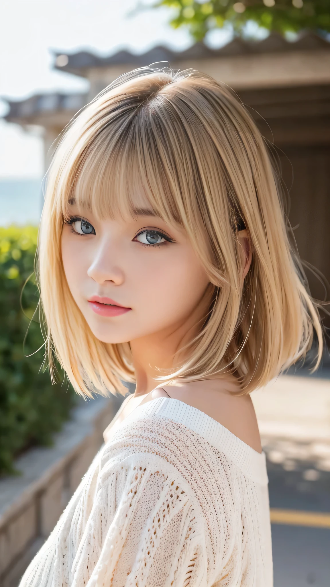 Sexy big 、Sexy and cute look and cute 18-year-old beautiful girl, Beautiful and sexy face、A strong wind blows my hair in front of my face、With short blonde hair、Beautiful, cute and sexy eyes hidden behind long bangs。
