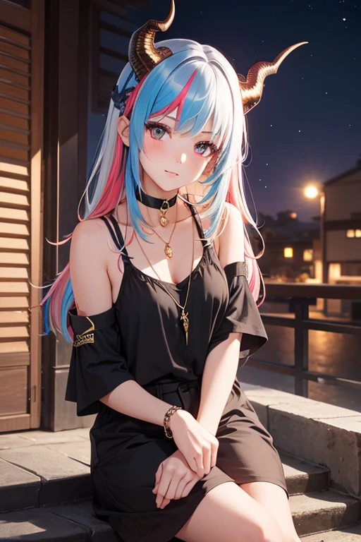 1girl, dragon horns, Wear casual clothes, flashy clothes, choker, staircase, suburbs, looking at viewer, armband, multicolored hair, full shot
