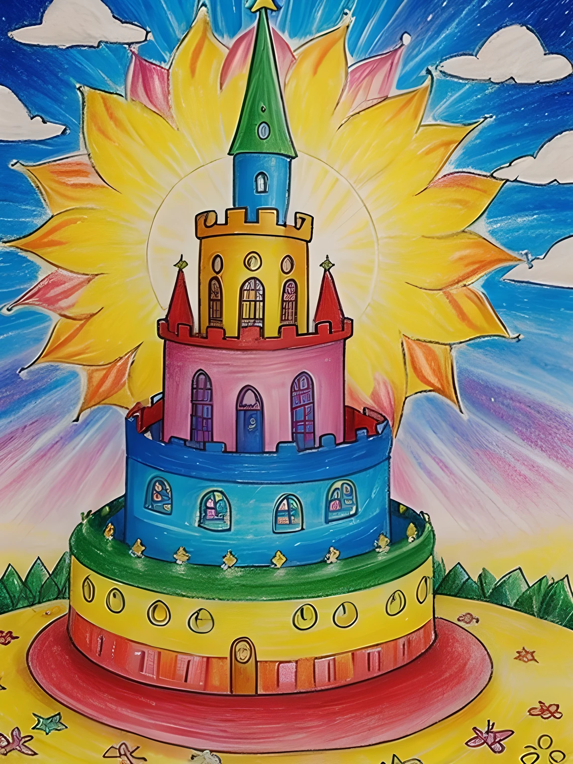 A 's enchanting doodle of a dream castle, masterfully crafted using vibrant crayons. The castle stands tall with intricate towers reaching for the sky, adorned with tiny flags waving in the wind. A moat surrounds the base, filled with playful, swirling waves. Shiny golden accents and lively, rainbow colors bring this magical creation to life. A joyful sun and an array of smiling clouds complete the scene, adding to the dreamlike atmosphere. (Child's artwork:1.0), (Crayon drawing:1.0), (Detailed:1.3), (Colorful:1.3), (Magical:1