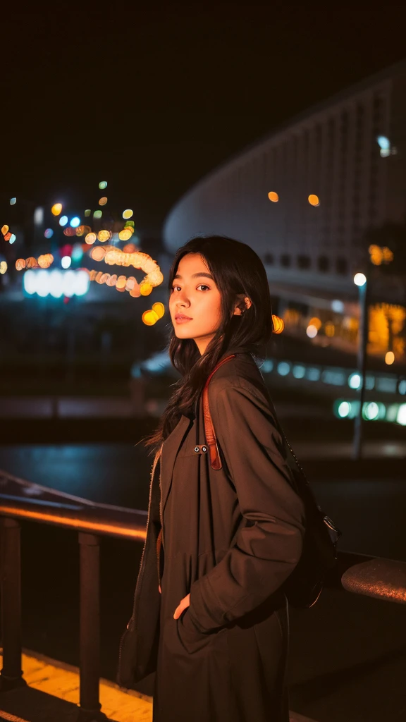 Hermosa asiatica mostrando sus grandes pechis, ella tiene unos lentes redondos, noche lluviosa y iluminada.