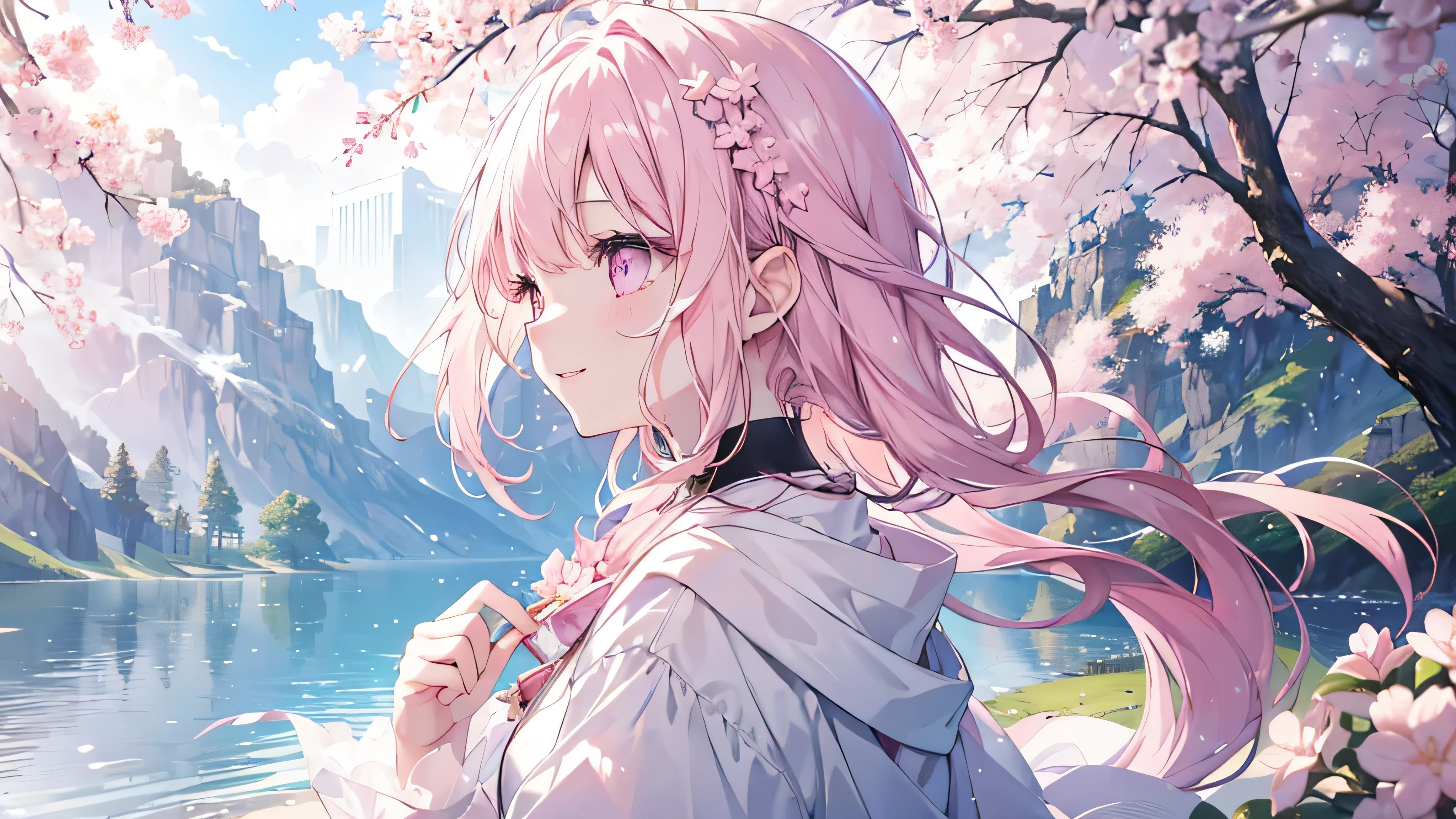 cherry blossoms,(Highest quality、masterpiece、Super fine、Super fine、Exquisite、16k、Full HD) 、((profile,Look Up)), ((Big Move,happy,fun))mysterious、((Only one person:1.5)) 、Fantasy、Fantasy World、adventure、village、Soft sunlight、((Clear skies)) 、smile、(Full of energy)(Purple Eyes、Long eyelashes、White skin、Pale pink lips、Pale pink cheeks、thin and long)、(Thin and high nose、Small Nose)、