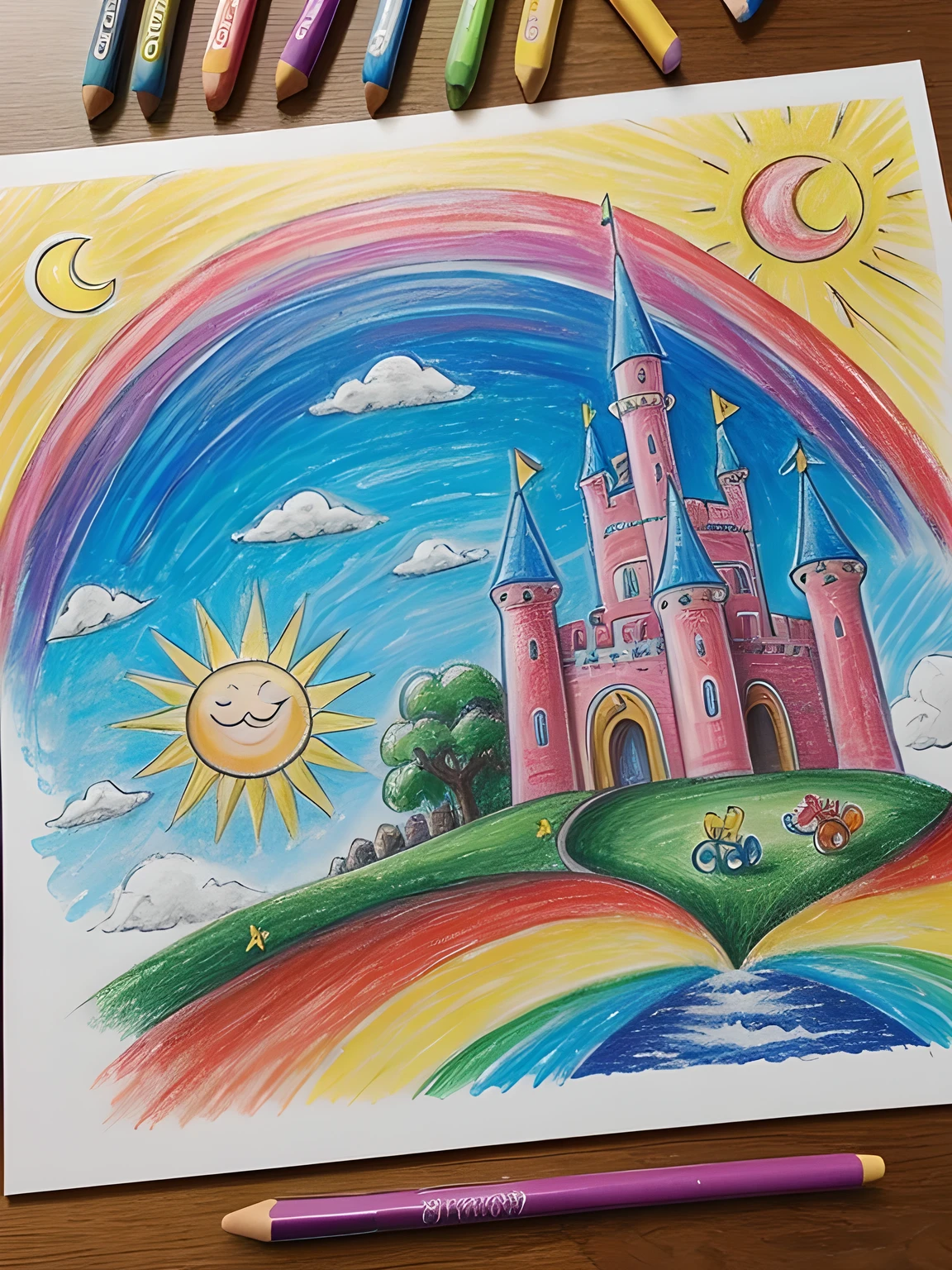 A child's enchanting doodle of a dream castle, masterfully crafted using vibrant crayons. The castle stands tall with intricate towers reaching for the sky, adorned with tiny flags waving in the wind. A moat surrounds the base, filled with playful, swirling waves. Shiny golden accents and lively, rainbow colors bring this magical creation to life. A joyful sun and an array of smiling clouds complete the scene, adding to the dreamlike atmosphere. (Child's artwork:1.0), (Crayon drawing:1.0), (Detailed:1.3), (Colorful:1.3), (Magical:1