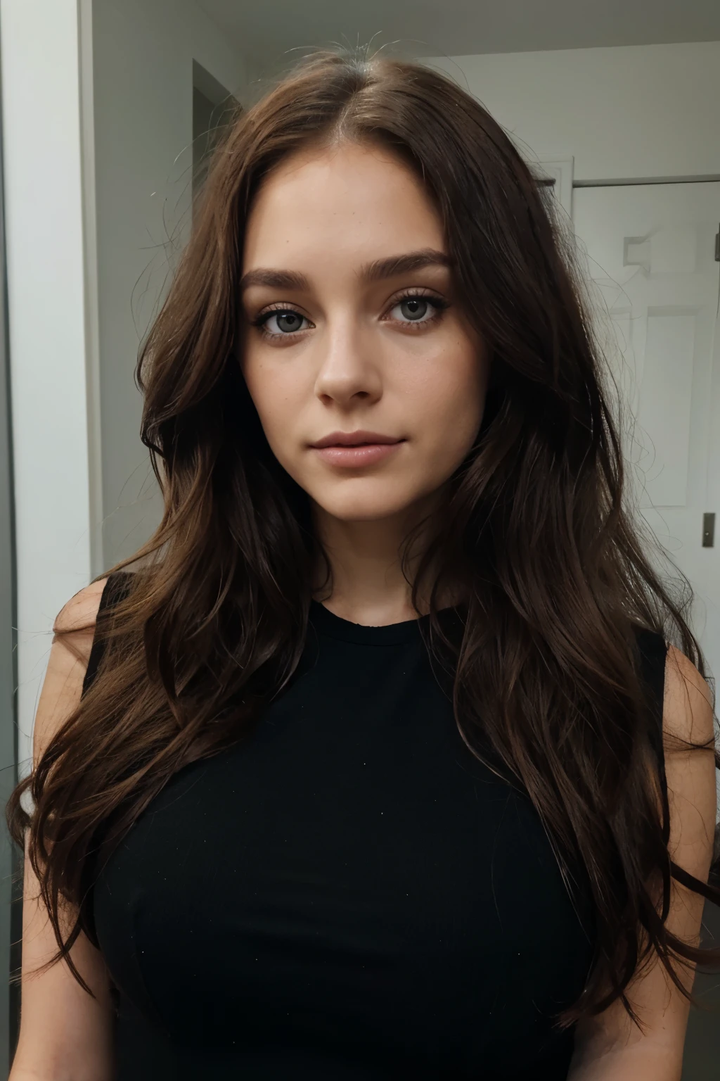 femme de 25 ans, Brown curly long hair, yeux vert visage parfait, couleur de peau métissé, professional makeup like model, C et portant un haut noir