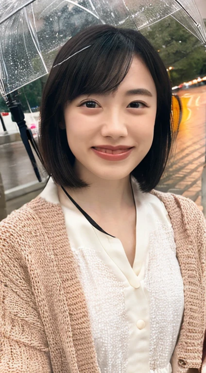 ((highest quality, 8k, masterpiece:1.3)), concentrate: 1.2, Perfect body beauty: 1.4, Hip: 1.2, ((Layered Haircut, chest: 1.2)), (Wet clothes: 1.1), (rain, street:1.3), Bandeau dress: 1.1, Highly detailed face and skin texture, Beautiful Eyes, double eyelid, Whitening skin, Long Hair, (shut up: 1.3), smile