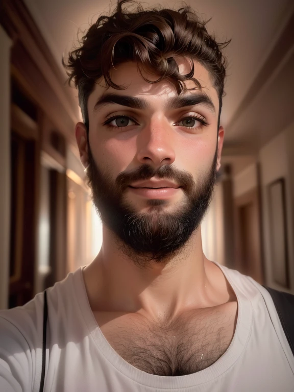 homem arafiado com barba e uma regata branca, Sem barba, 27 anos de idade, cerca de 19 anos, 28 anos de idade, 23 anos, com uma pequena barba, 24 anos de idade, 22 anos de idade, 29 anos, perfil frontal!!!!, com rosto preciso, fotografia selfie 8k, foto de rosto