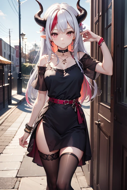 1girl, dragon horns, Wear casual clothes, asymmetrical style clothing, choker, staircase, suburbs, looking at viewer, armband, multicolored hair, full shot