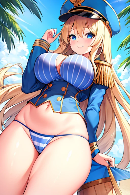 1girl, blonde hair, long hair, blue eyes, large breasts, thick thighs, epaulettes, hat, jacket, bikini, stripped bikini, ((blue stripes)), blue stripes, white bikini, blue trim, beach, cap, smile, tall, tall female, hourglass figure, toned, from below