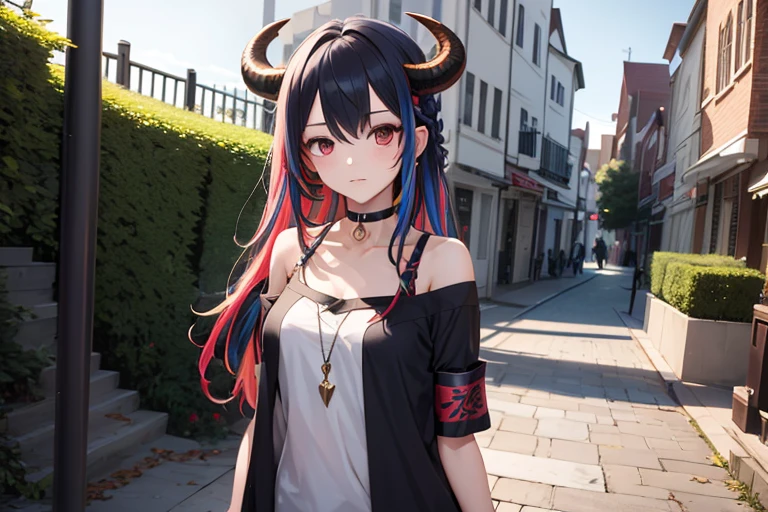 1girl, dragon horns, Wear casual clothes, asymmetrical style clothing, choker, staircase, suburbs, looking at viewer, armband, multicolored hair, full shot