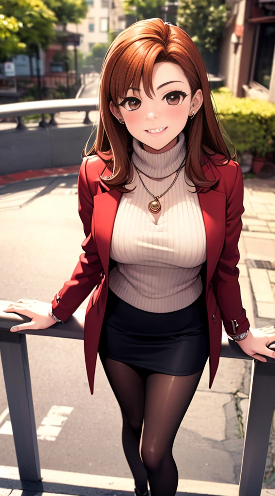 Sonozaki　Misao Sonozaki, masterpiece, best quality, a sexy mature woman in a coat posing for the camera while leaning on the railing, 1girl, turtle-neck sweater, tight short skirt, brown pantyhose, looking at viewer, jewelry, necklace, smile, 