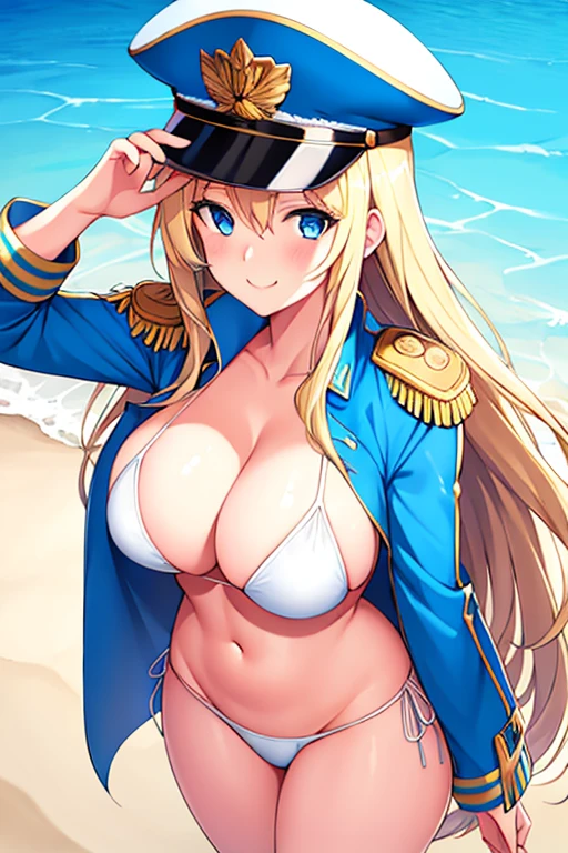 1girl, blonde hair, long hair, blue eyes, large breasts, thick thighs, epaulettes, hat, jacket, bikini, stripped bikini, blue stripes, white bikini, blue trim, beach, cap, smile, tall, tall female, cleavage, from above