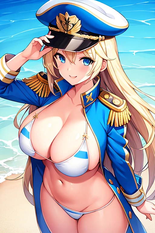 1girl, blonde hair, long hair, blue eyes, large breasts, thick thighs, epaulettes, hat, jacket, bikini, stripped bikini, blue stripes, white bikini, blue trim, beach, cap, smile, tall, tall female, cleavage, from above