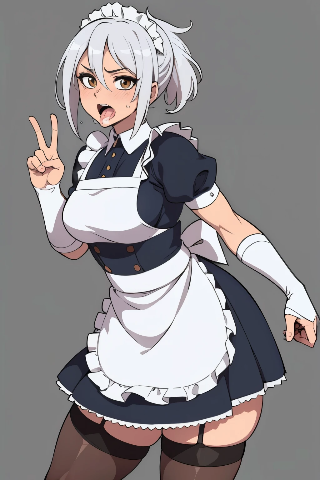 masterpiece, best quality, ultra-detailed, illustration, colorful, flat color, depth of field, 1girl, riven, anime, silver hair, short hair, folded ponytail, brown eyes, looking at viewer, black maid dress, white apron, maid cap, thighhighs, garter straps, detailed skin texture, detailed cloth texture, beautiful detailed face, blush, shy, large breasts, view from front, fit, hourglass figure, high heels, open mouth, saliva, tongue out, showing double v sign