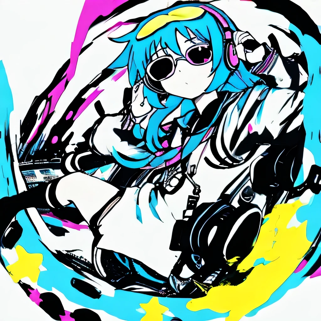 Trippy anime girl wearing sunglasses and headphones, chaotic, simple colors, cool pose, legs in the air