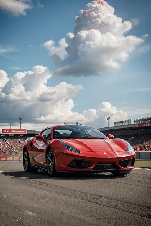 In the foreground a red Ferrari in full competition from the front view. El conductor solo se le ve el casco de color rojo. In the background you can see the cloudy sky and the public cheering from the stands.

