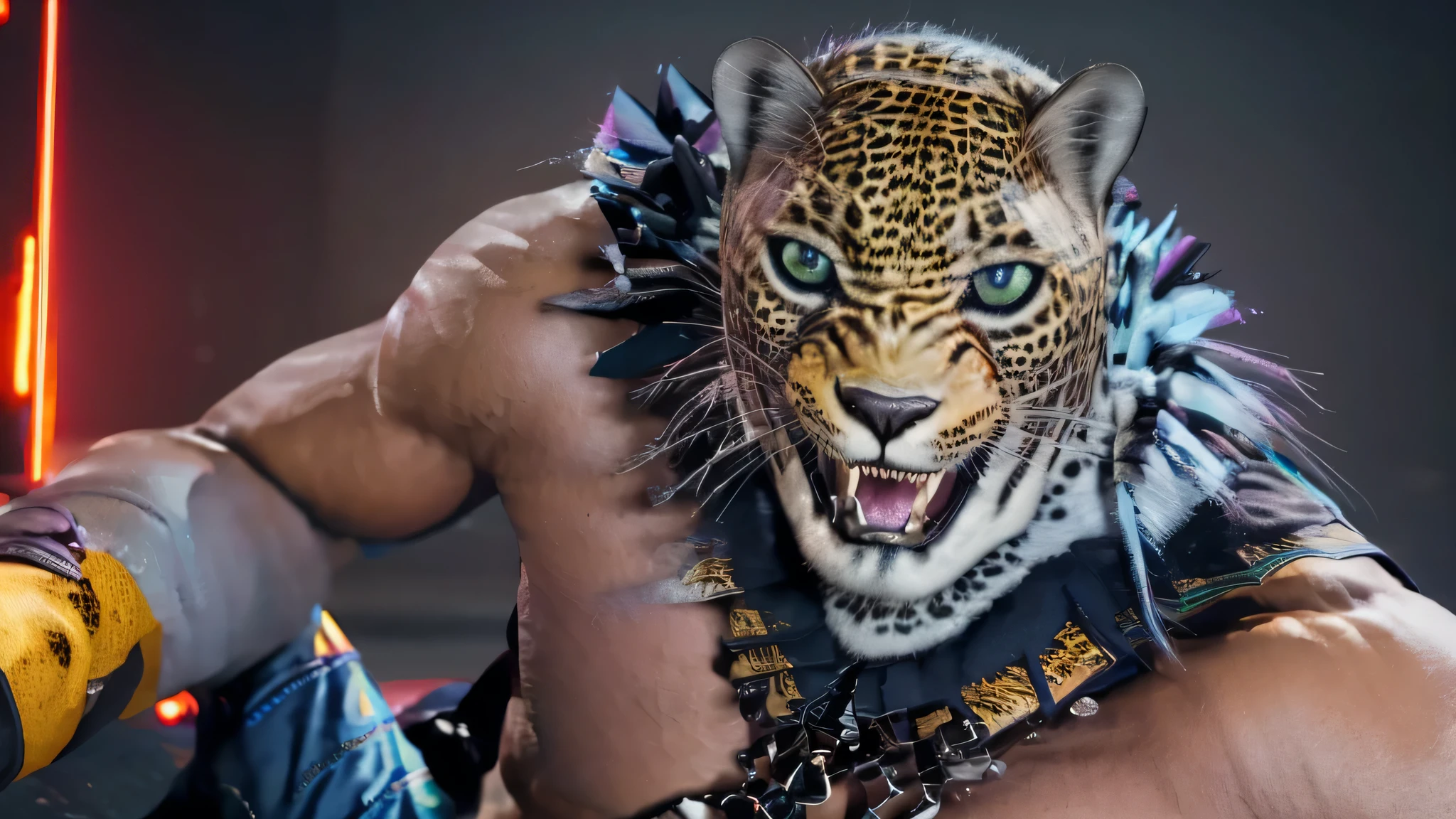 (((one leopard mask))), neon lights, (RTX) cinematic film shot in 70mm, depth of field, vivid colors, (best quality,ultra-detalhado,Realistic:1.37), (8k, ARTISTIC photography, best quality, masterpiece: 1.2), (realistic, photorealistic: 1.37), over-detailed, (high-detail skin: 1.2), 8k UHD, SLR camera, soft lighting, high quality, film grain, cinematic lighting, photonic display, brightness, physically rendered photo, extremely high-quality graphics, over-detailed face, (((cinematic lighting))), ((clear details)), (( body lightning effect)), ((sitting thron)),