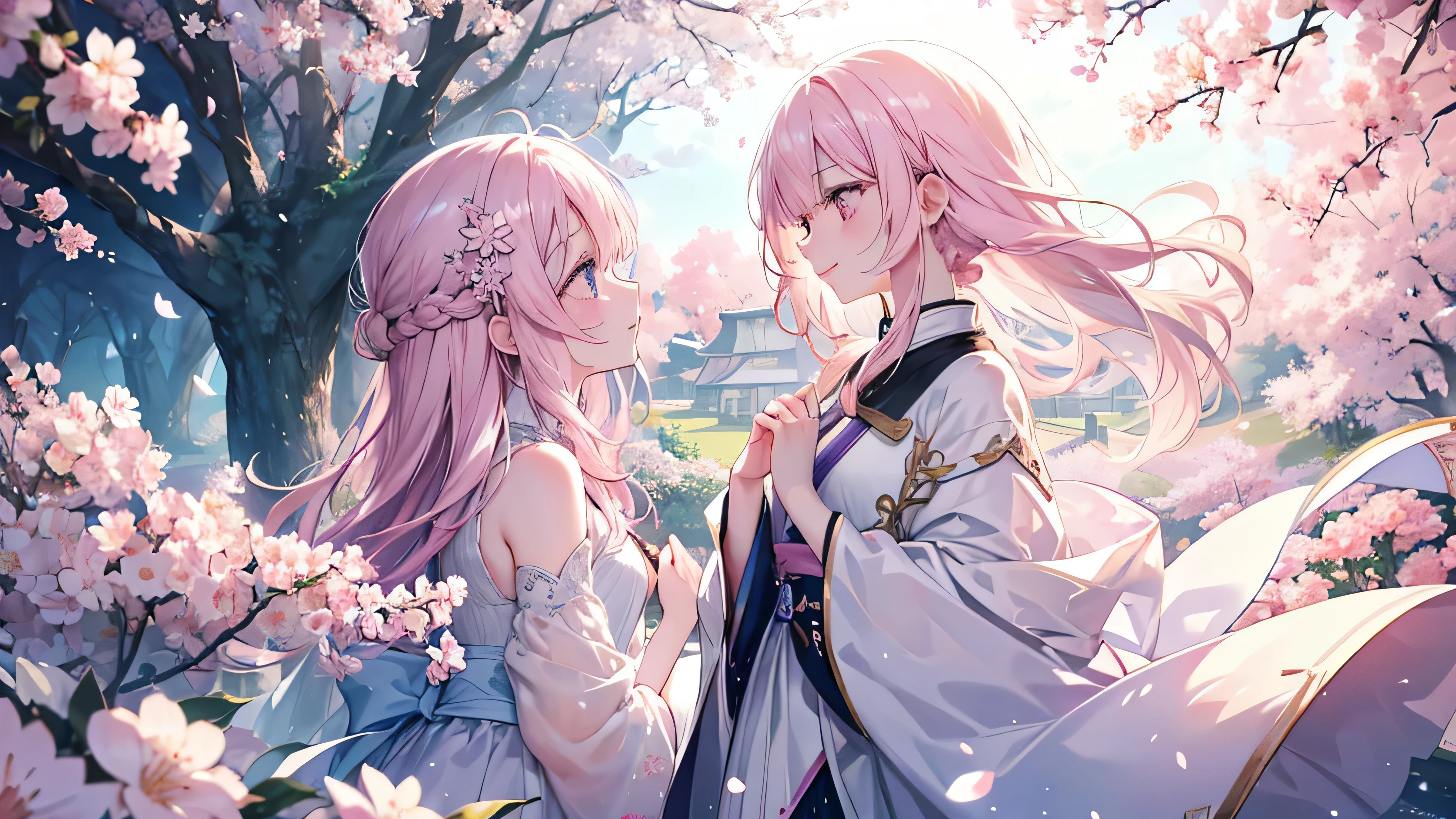 cherry blossoms,(Highest quality、masterpiece、Super fine、Super fine、Exquisite、16k、Full HD) 、((profile,Look Up)), mysterious、((Only one person:1.5)) 、Fantasy、Fantasy World、adventure、village、Soft sunlight、((Clear skies)) 、smile、(Full of energy)(Purple Eyes、Long eyelashes、White skin、Pale pink lips、Pale pink cheeks、thin and long)、(Thin and high nose、Small Nose)、