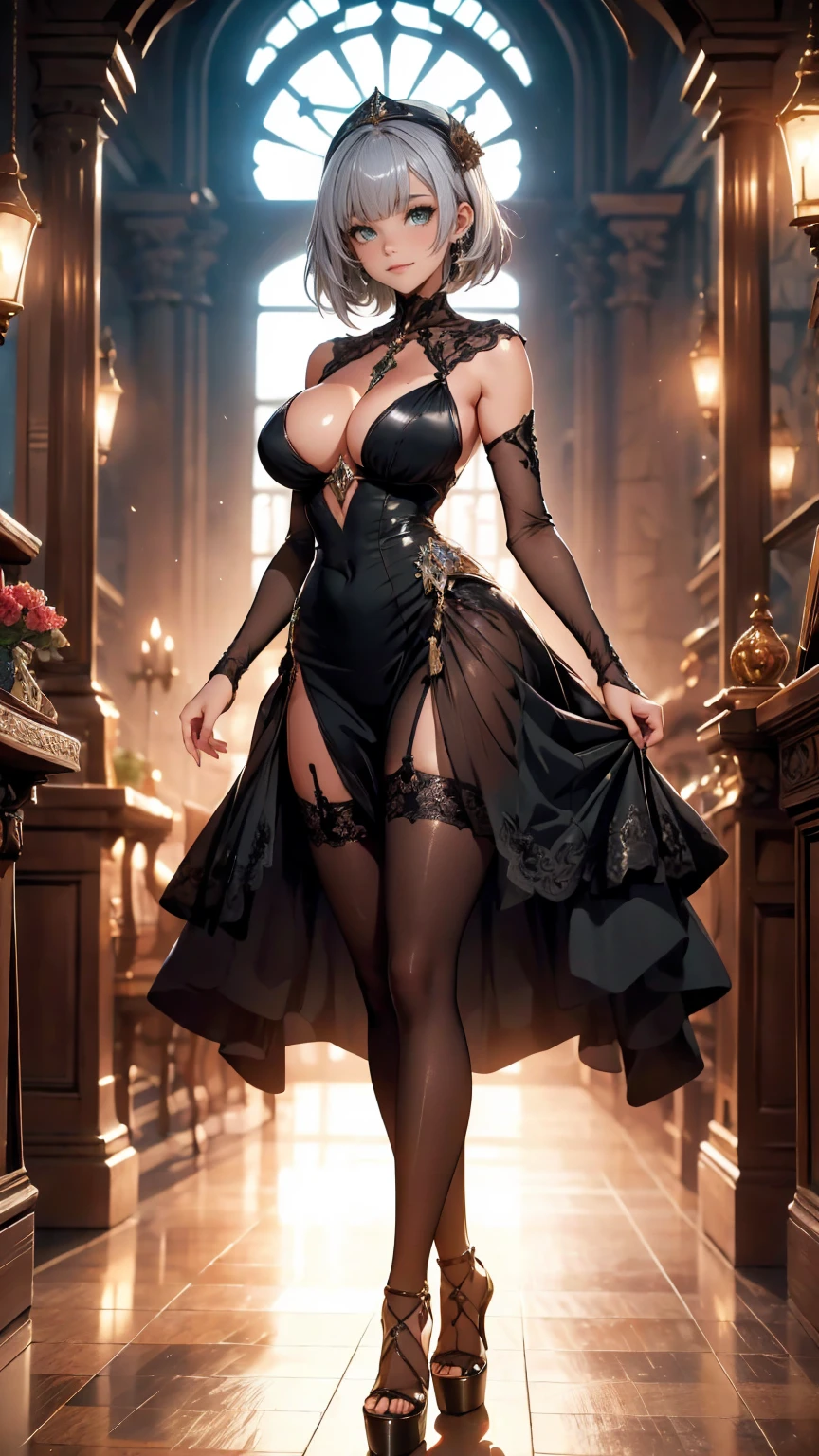 ((masterpiece, high resolution, best quality, best details, anime)), jewelry, beautiful sexy woman in a black sexy evening dress, ((sexy evening dress)), ((black pantyhose)), ((green eyes)), silver hair, short hair, smooth skin, cleavage, ((extremely slutty)), ((full body)), ((platform high heels)), (pumps), noelle gi,noelledef, curvy body, (medieval setting, medieval europe, medieval castle), smile, shoulders exposed, breakdomain, anime