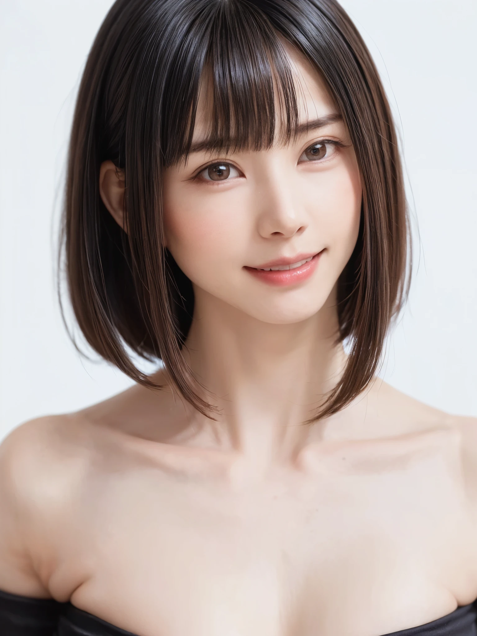 1 girl, alone, Beautiful Skin, very detaileded, ultra detaileded, Ultra-high resolution, (Photorealism:1.4), (highest quality), (Best Shadow), detailed, Perfect lighting, Black Hair, ((Showpiece, highest quality, High precision)), One Girl, (Realistic: 1.4), (look up at the camera even a little, カメラをlook up, look up, look up at the camera, Looking into the camera))), alone, White Background, snow-White Background, shut up., smile, pretty Black Hair, short hair:1.6, Big eyes, Beautiful double eyelids, eyelash, listen, Long neck, 美しいLong neck, Absolute area, ((Face close-up, short hair with bangs、Short Bob Hair:1.5、Off the shoulder)), 19 years old, Attractive proportions, Shiny skin, Beautiful clavicle, Golden ratio face, Perfect Face, Teardrop-shaped mole, Mole on chest, bangs, clean bangs, beautiful bangs, Lip gloss, Thin lips, White skin, I took off my clothes, Small face, Small face, 少し上を向いてLooking into the camera, ((smile a little for the camera, really nothing pure White Background, Listen carefully, big 胸、Dynamic Angle:1.5))