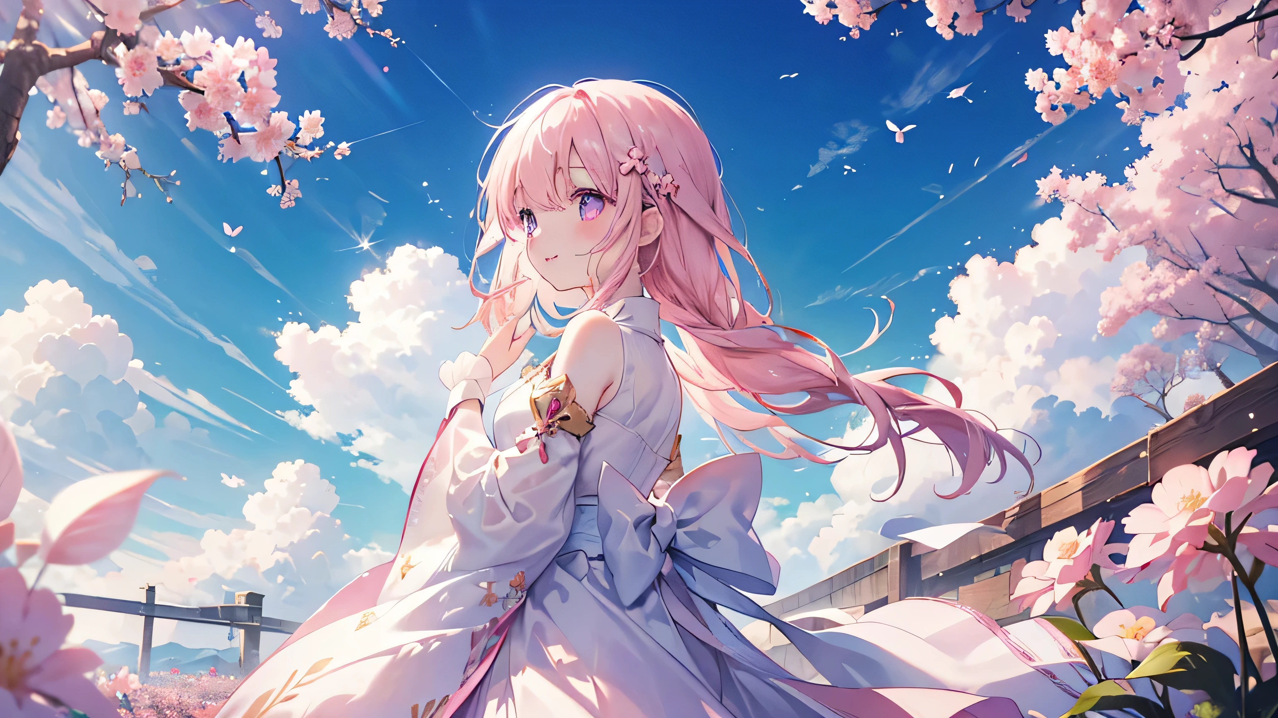 cherry blossoms,(Highest quality、masterpiece、Super fine、Super fine、Exquisite、16k、Full HD) 、((profile,Look Up)), ((Big Move,happy,fun))mysterious、((Only one person:1.5)) 、Fantasy、Fantasy World、adventure、village、Soft sunlight、((Clear skies)) 、smile、(Full of energy)(Purple Eyes、Long eyelashes、White skin、Pale pink lips、Pale pink cheeks、thin and long)、(Thin and high nose、Small Nose)、