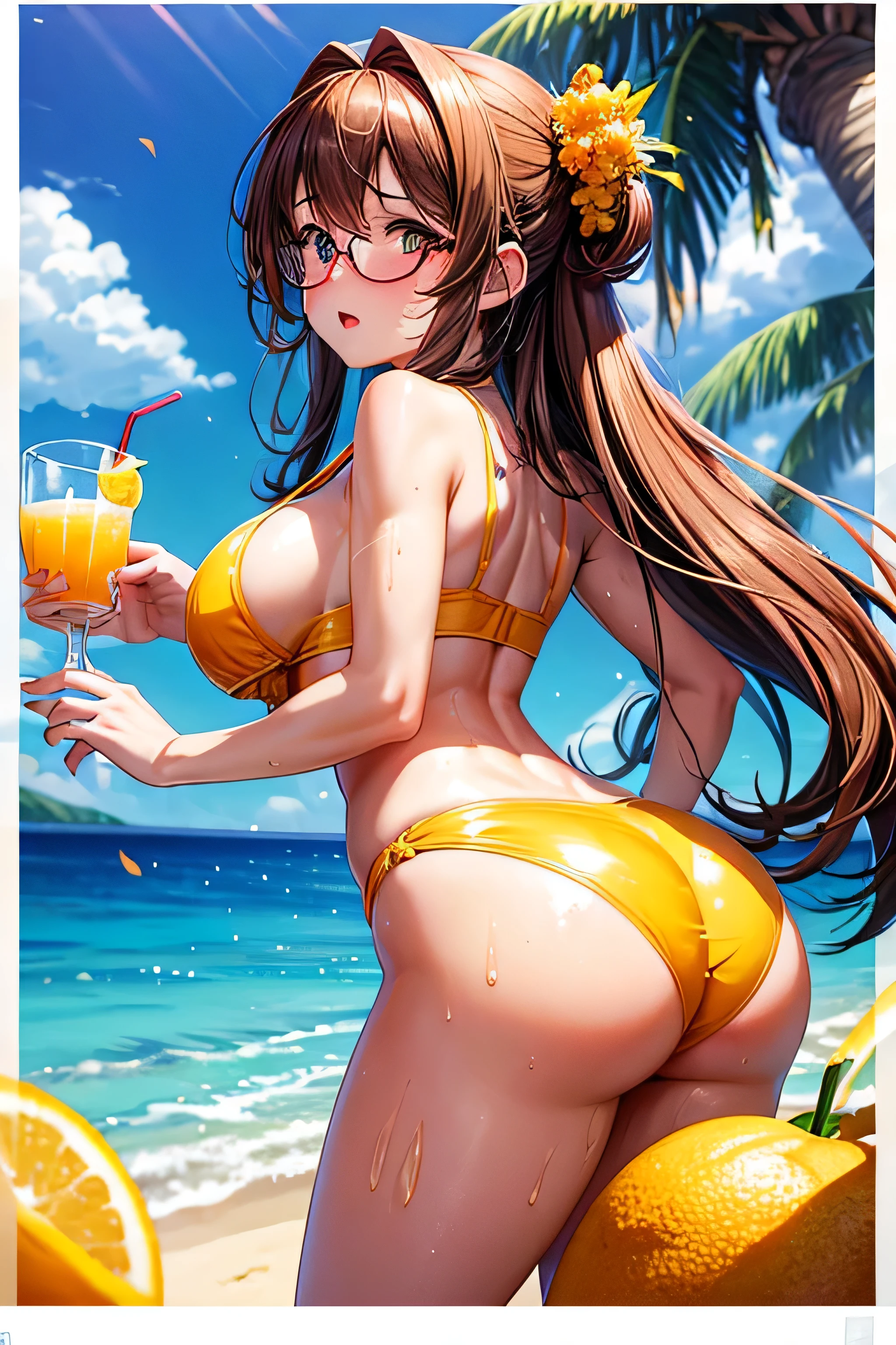 High resolution, high quality, One girl, Anime Girls,Brown long hair, Brown eyes, Pink Glasses,heart shaped pupils,Sunburned skin, Large Breasts,beautiful breasts,pointy breasts,(Big Ass),beautiful ass,Embarrassed,harem pants,lower body,sweat,wet,cherryblossom,at cafe,(lemon juice),(orange juice),(Pineapple juice),(Mango juice),(water),