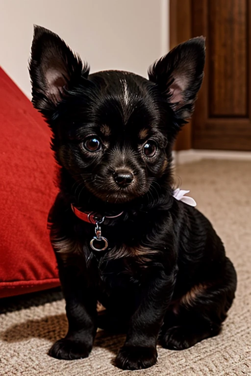 Chiuahua puppy dog, short black fur, and only the left paw with white fur, super happy appearance, realistic draw