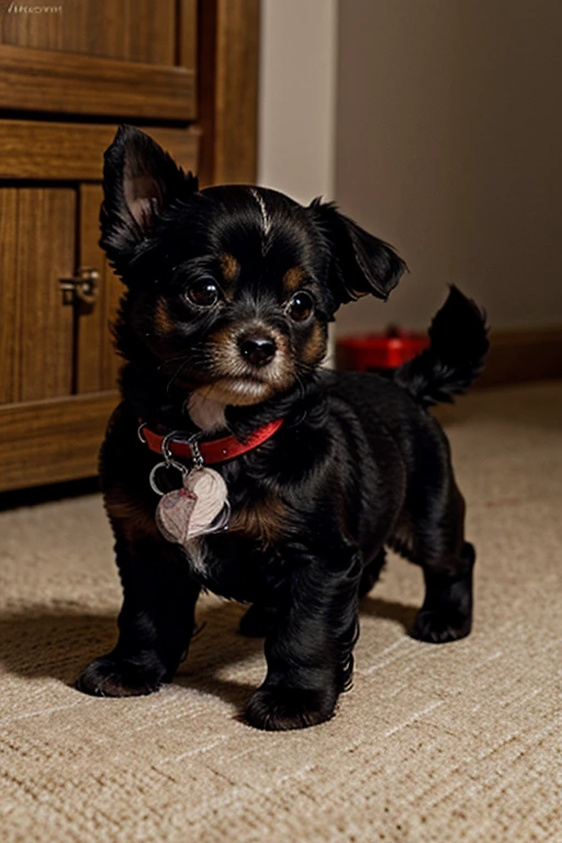 Chiuahua puppy dog, short black fur, and only the left paw with white fur, super happy appearance, realistic draw