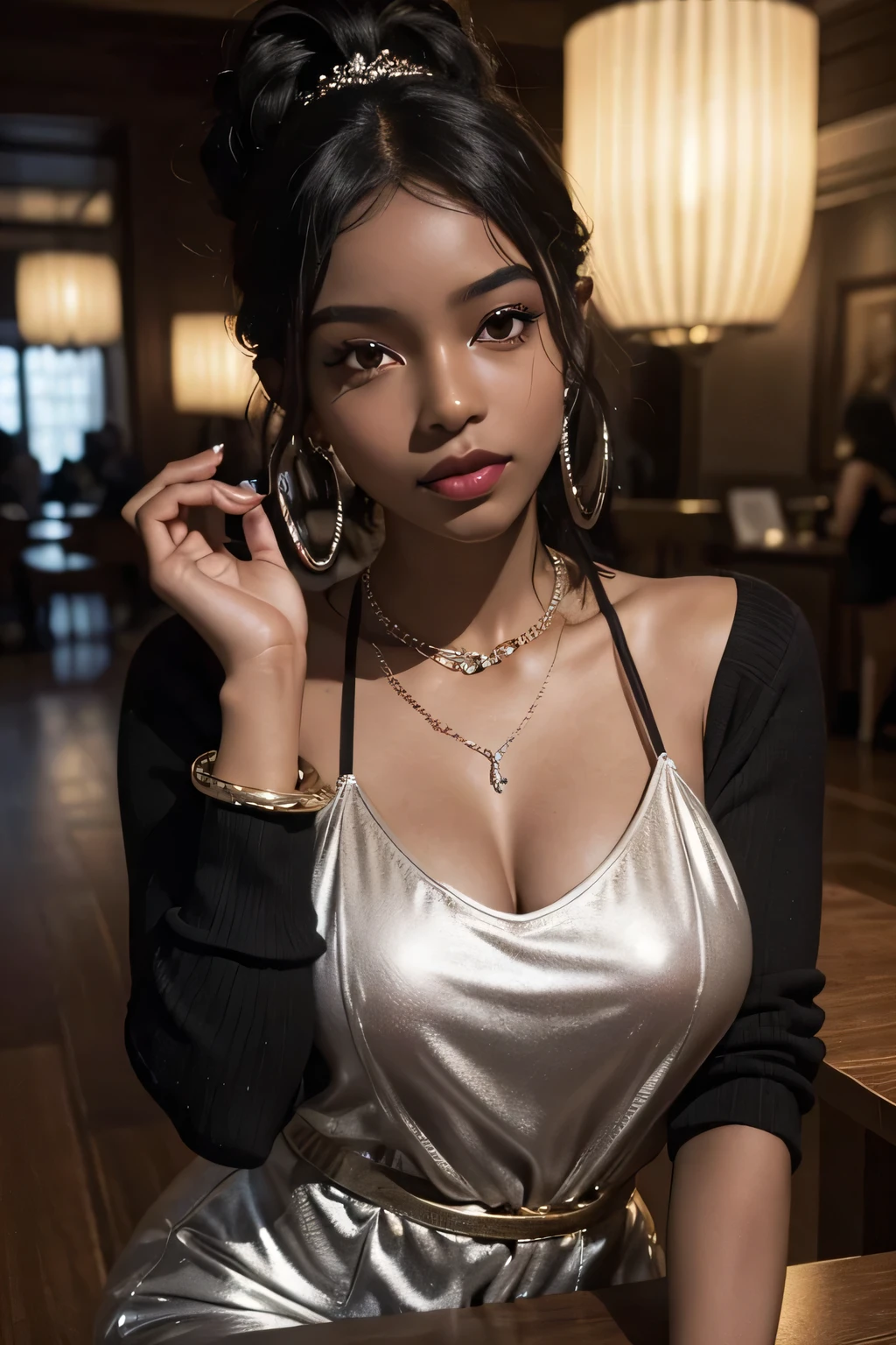A black woman with dark skin is the main subject of the portrait. Her hair is styled in elaborate black hair, shining beautifully. Her smooth skin is flawlessly highlighted, and she has a mole on her cheek that adds a touch of charm. She has luscious, juicy red lips that stand out. Her makeup gives her a stunning baddie look, enhancing her natural beauty. She is dressed in a stylish elegant, sexy and luxury outfit, reflecting her unique personality. Her body has an hourglass shape, making her figure alluring and voluptuous. The woman wears black sunglasses that add an element of mystery to her appearance. She has a piercing, which adds an edgy and rebellious vibe. Additionally, she has angel fangs that peek out when she smiles, giving her an intriguing and ethereal quality. Her silver accessories, such as necklaces, bracelets, and rings, complement her overall look and add a touch of glamour. The portrait is set in a ballroom scenario. The lush golden creates a serene and natural backdrop for the woman. The lighting is softly diffused, highlighting her features and creating a flattering atmosphere. The color palette is rich and vibrant, with warm tones that accentuate her dark skin and the overall mood of the portrait. This prompt ensures the best quality, with a focus on ultra-detailed and realistic representation. The level of detail in the artwork will be akin to a masterpiece, with high resolution (4K, 8K) that captures every intricate element. The portrait will have a photorealistic touch, making it appear as if it were a photograph brought to life. Overall, this prompt aims to create a powerful and captivating portrait of a black woman with a unique style and alluring features.