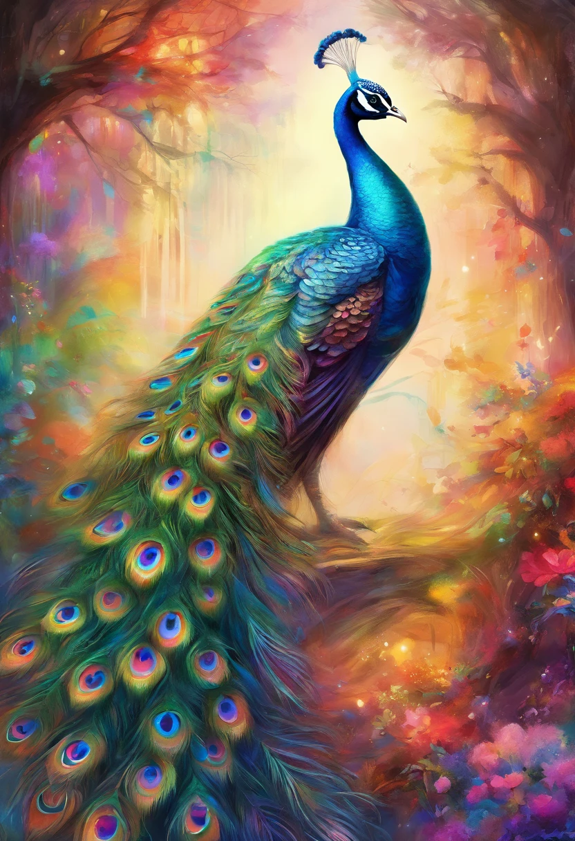 best quality, a stunning artwork of a beautiful peacock, rainbow colors, intricately detailed, (best shadow), elegant, volumetric lighting