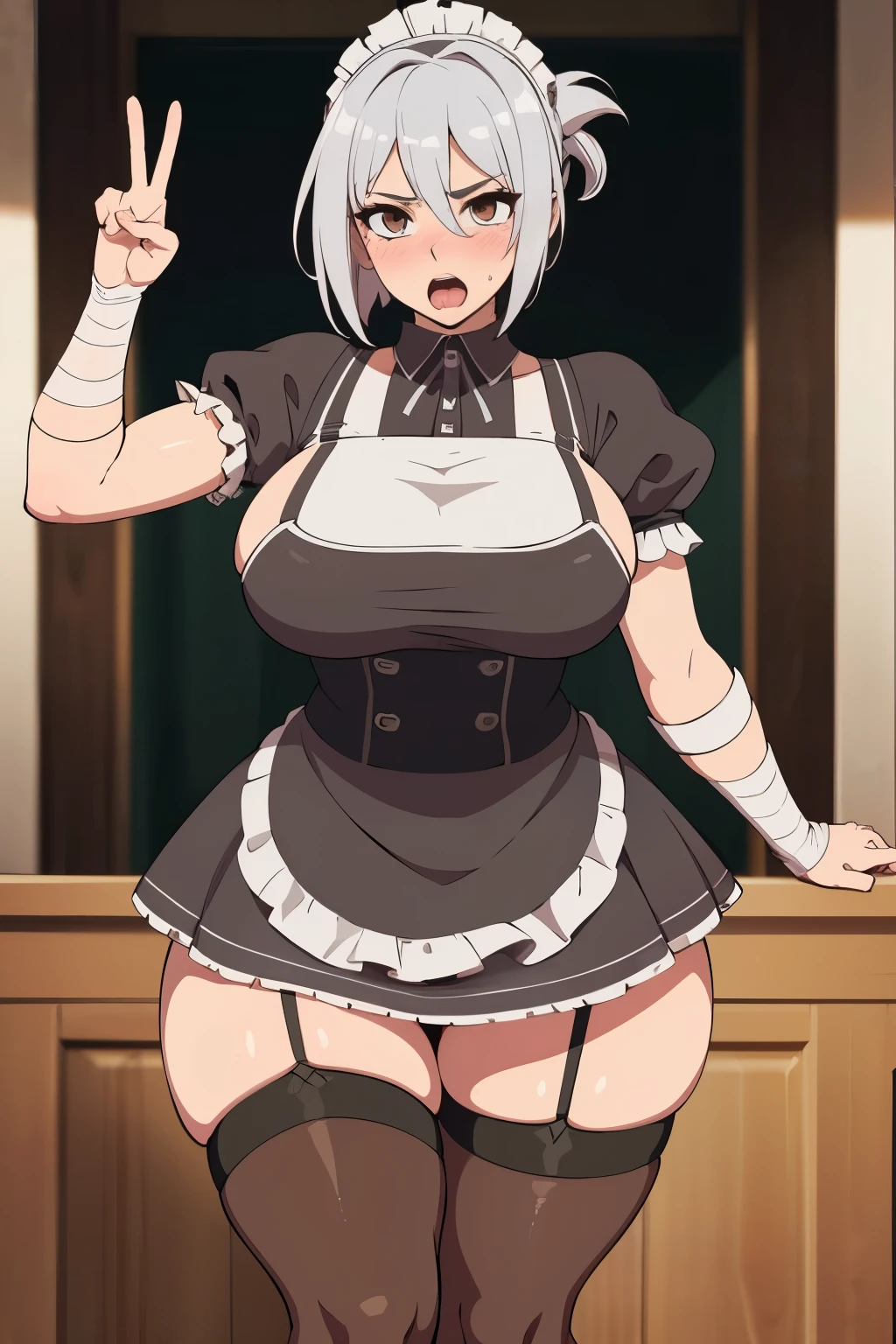 masterpiece, best quality, ultra-detailed, illustration, colorful, flat color, depth of field, 1girl, riven, anime, silver hair, short hair, folded ponytail, brown eyes, looking at viewer, black maid dress, white apron, maid cap, thighhighs, garter straps, detailed skin texture, detailed cloth texture, beautiful detailed face, blush, shy, huge breasts, view from front, fit, hourglass figure, high heels, open mouth, tongue out, showing double v sign