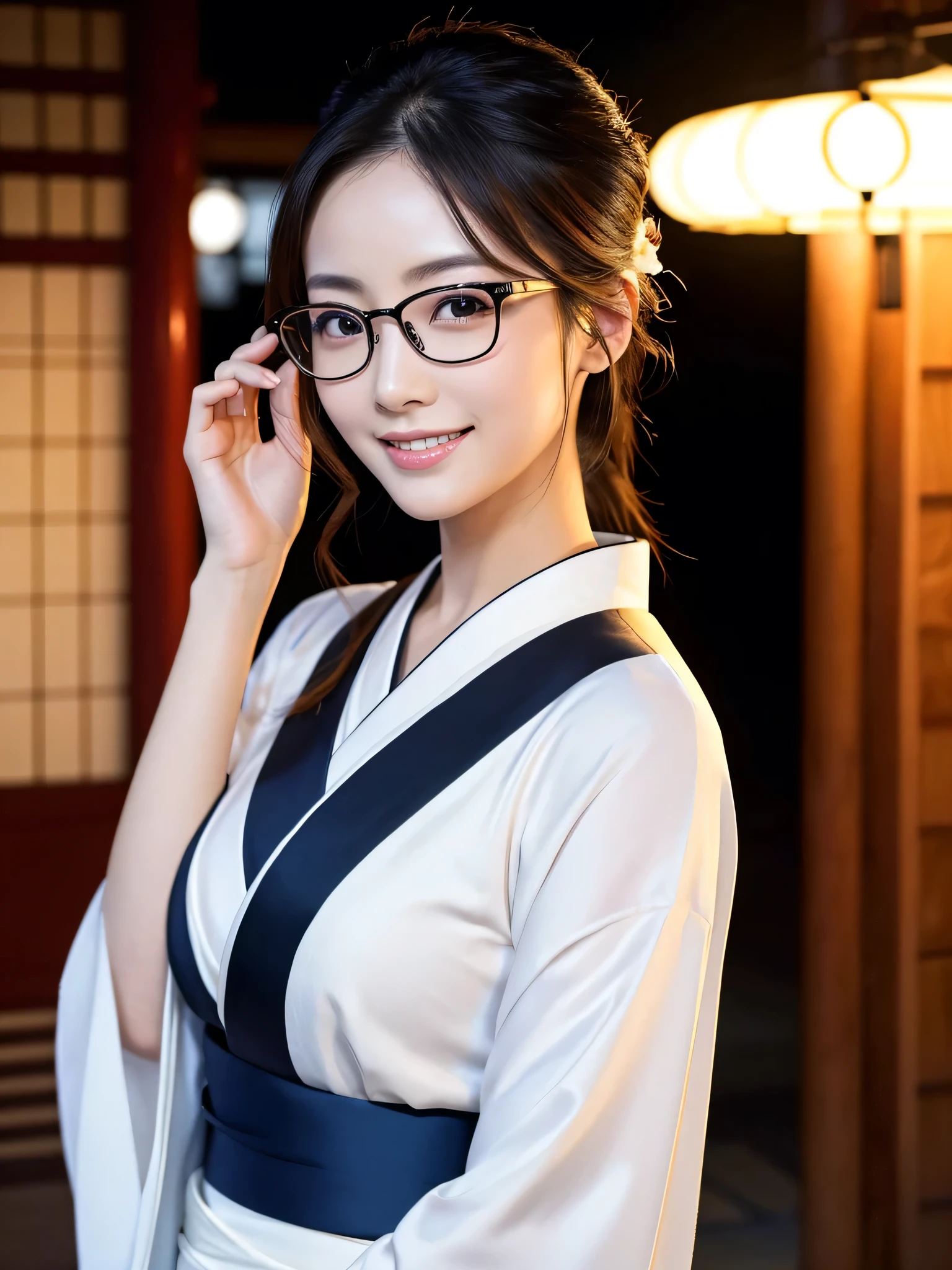 (Super beautiful woman in kimono)、((highest quality、8K masterpiece:1.3))、sharp focus:1.2、(super beautiful face:1.0)、(shiny skin:1.0)、realistic pictures、black hair、video lighting、High resolution eyes and face、video lighting、japanese actress、from the front、big breasts、with a happy smile、Slender abs beauty、whole body、wearing a kimono、in Kyoto、luxury obi、In Kyoto at night、wearing glasses with no edge