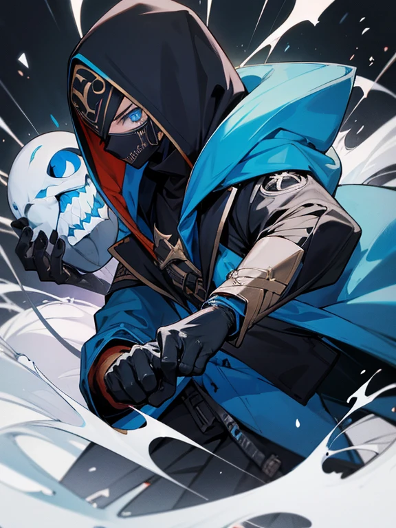, black mask, sudadera con capucha azul y negra, blue eyes, auricular, guantes negros, By the chestnut