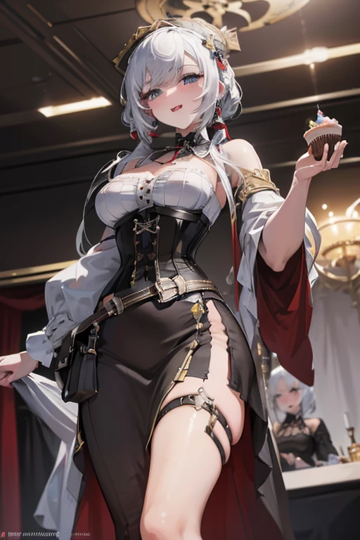 (looking down on the audience:1.3),(from side:0.9), ((Face)), (Close-Up:0.4), (( eat a cake and have a coffee)),highest quality、(real、photorealistic:1.4),(ultra high resolution, 8K RAW photo, clear focus), best qualtiy, natural lighting, field depth, (Bright pupils, detailed beautiful eyes, high detailed face), Red lip, (tight focus:1.2, from below:1.2), sexy posing, erotic grotesque,cook Research Institutes(beautiful and luxurious:1.2),(double breasted:1.0,under bust:1.0), gap between buttons,(((corset belt))),(((high waist skirt,))) seductive weak smiling,(with sparkling eyes and a contagious smile),open mouth, Looking at Viewer,

