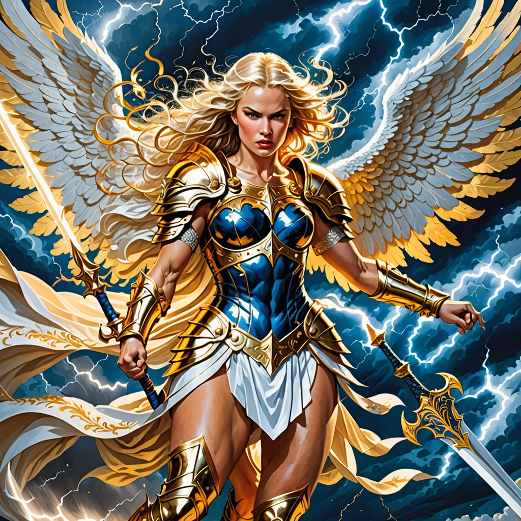 gouache illustration style,comics art:1.1,vivid colors,victorius scene,beautiful angel warrior woman with very big bulky white wings, WIELDING one staff,((shiny golden ARMOR with gold embroid details)), determined face expression,storm and lightning dark blue sky background,dramatic lighting)