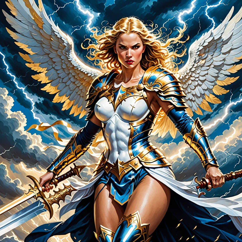 gouache illustration style,comics art:1.1,vivid colors,victorius scene,beautiful angel warrior woman with very big bulky white wings, WIELDING one staff,((shiny golden ARMOR with gold embroid details)), determined face expression,storm and lightning dark blue sky background,dramatic lighting)