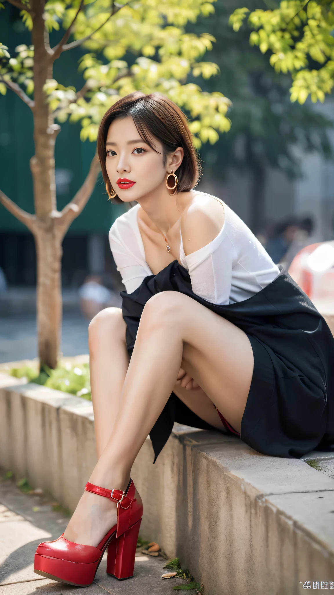 1 girl,single,Looking at the audience,short hair,blond,shirt,Brown eyes,Jewelry,Sitting,clavicle,earrings,outdoor,daytime,Off-shoulder,High heel,Tree,Lips,Black jacket,leg,make up,White shoes,lifelike,Red lips,Photo Background,High heel strap