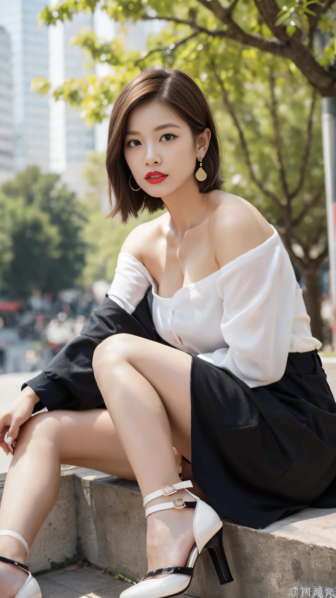 1 girl，single，Looking at the audience，short hair，blond，shirt，Brown eyes，Jewelry，Sitting，clavicle，earrings，outdoor，daytime，Off-shoulder，High heel，Tree，Lips，Black jacket，leg，make up，White shoes，lifelike，Red lips，Photo Background，High heel strap