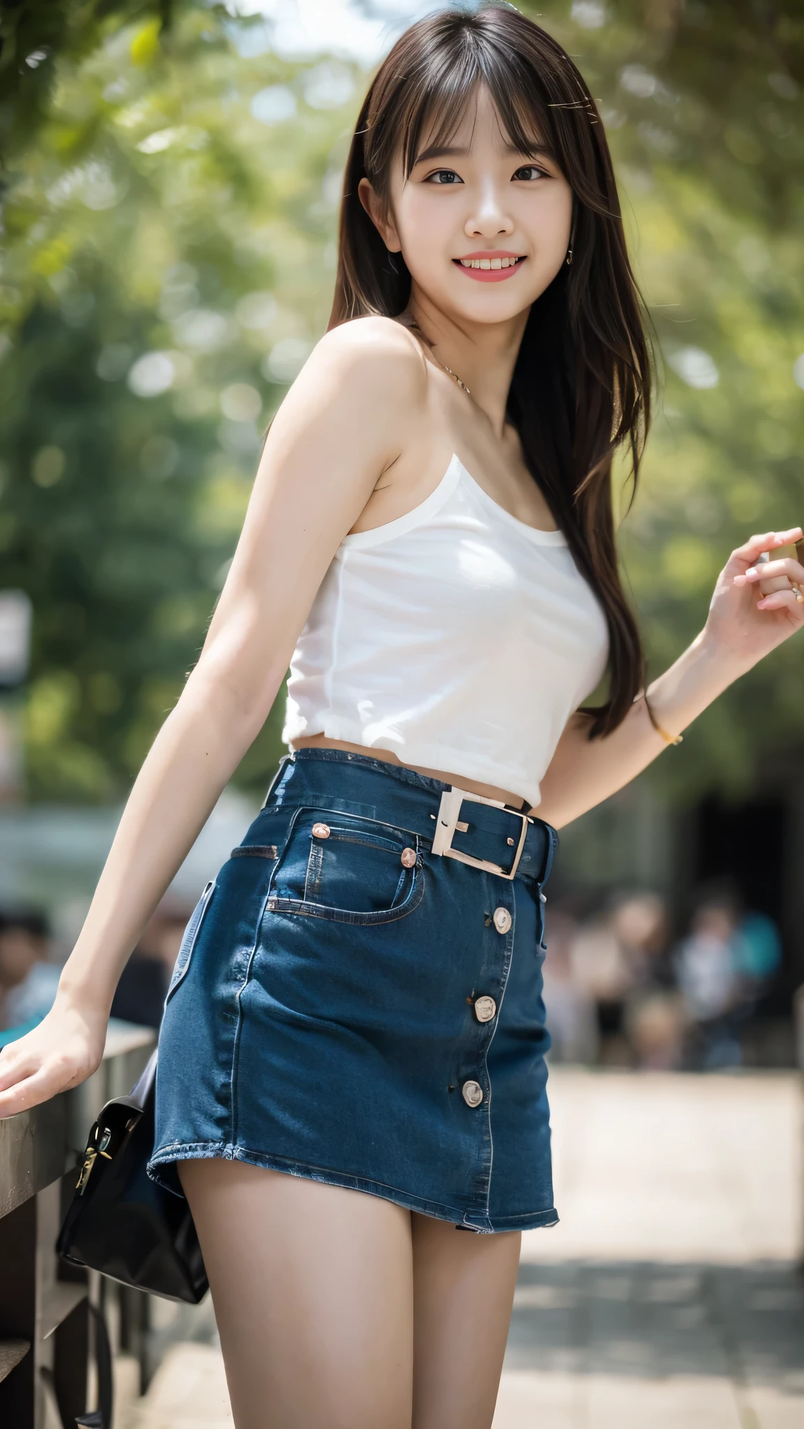 Best quality，masterpiece，Cowboy lens，(Good structure)，DSLR quality，Depth of Field，Kind smile，Looking at the audience，Dynamic poses，girl，3d，Bare shoulders，belt，Vague，Background of Vague，Vague&#39;s Prospects，clavicle，denim，Denim skirt，Depth of Field，Lips，Long hair，belly button，mini skirt，belly button，outdoor，lifelike，skirt，individual，Standing，