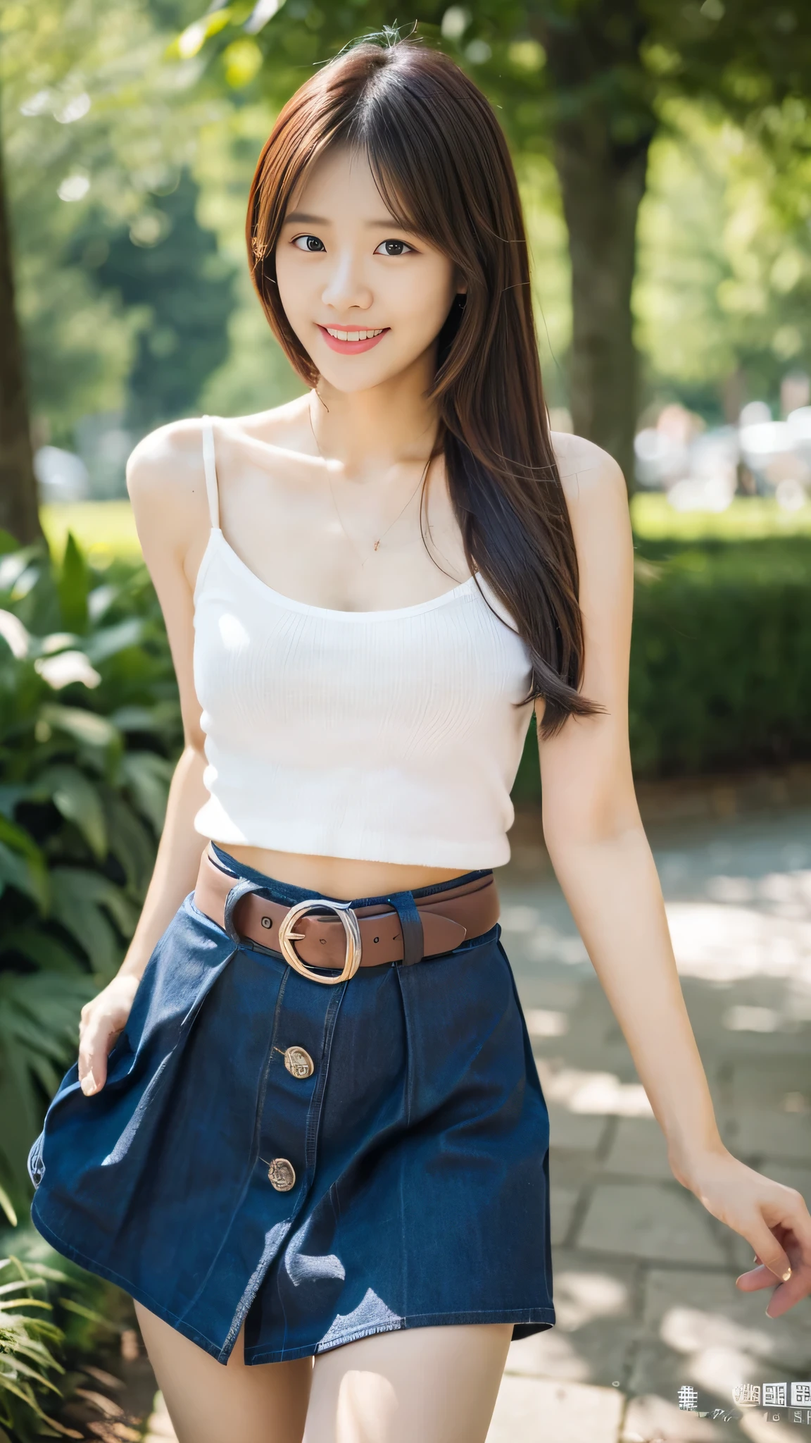 Best quality,masterpiece,Cowboy lens,(Good structure),DSLR quality,Depth of Field,Kind smile,Looking at the audience,Dynamic poses,girl,3d,Bare shoulders,belt,Vague,Background of Vague,Vague's Prospects,clavicle,denim,Denim skirt,Depth of Field,Lips,Long hair,belly button,mini skirt,belly button,outdoor,lifelike,skirt,individual,Standing,