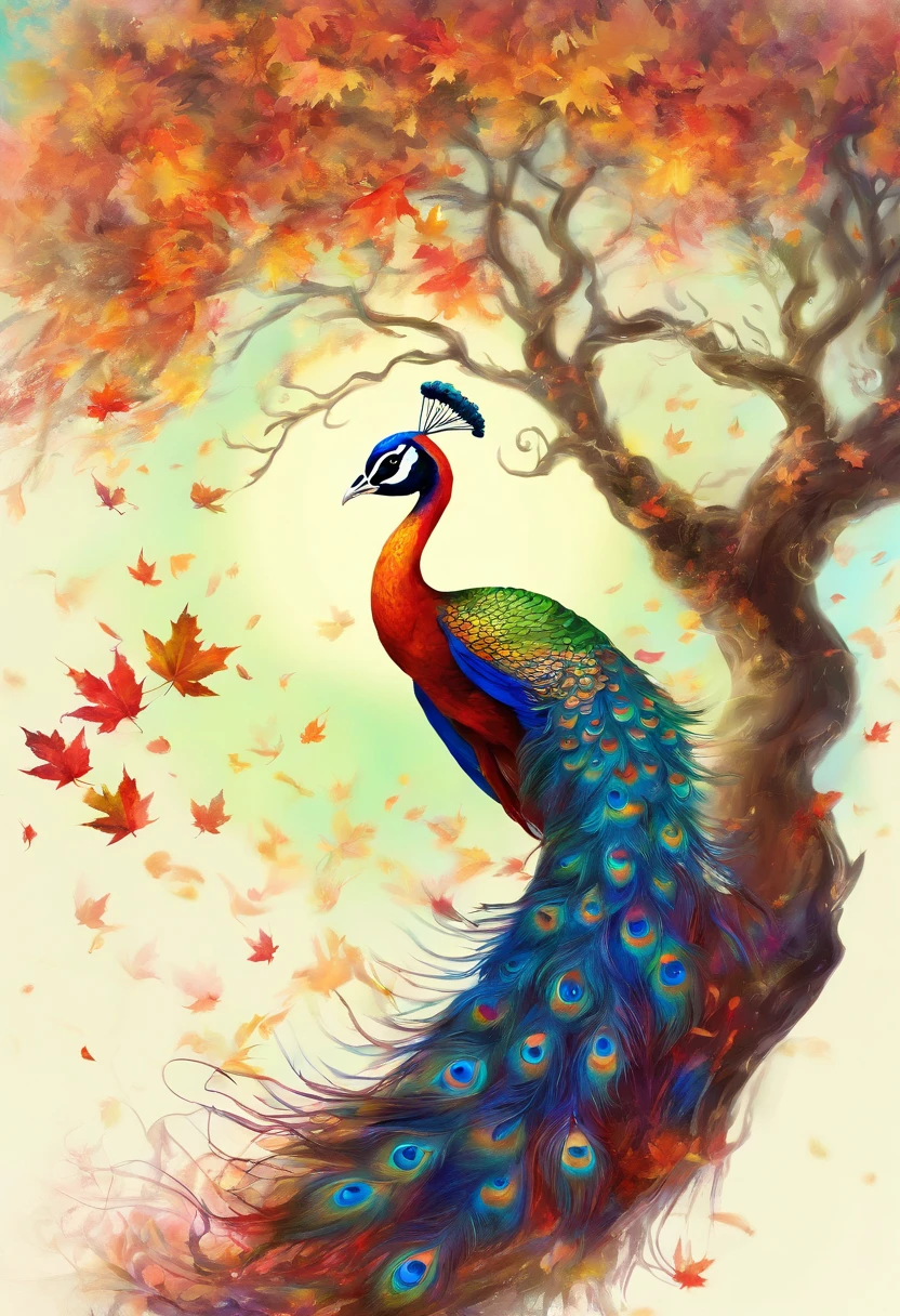 (masterpiece, top quality, best quality, official art, beautiful and aesthetic:1.2), (peacock), extreme detailed, rainbow colorful,highest detailed,illustrations, artistic fusion,fantastical scenes,striking visuals, autumn, autumn_leaves,falling_leaves, leaf, leaf_background, leaf_print, maple_leaf, nature,outdoors,waterfall, flying maple leaf