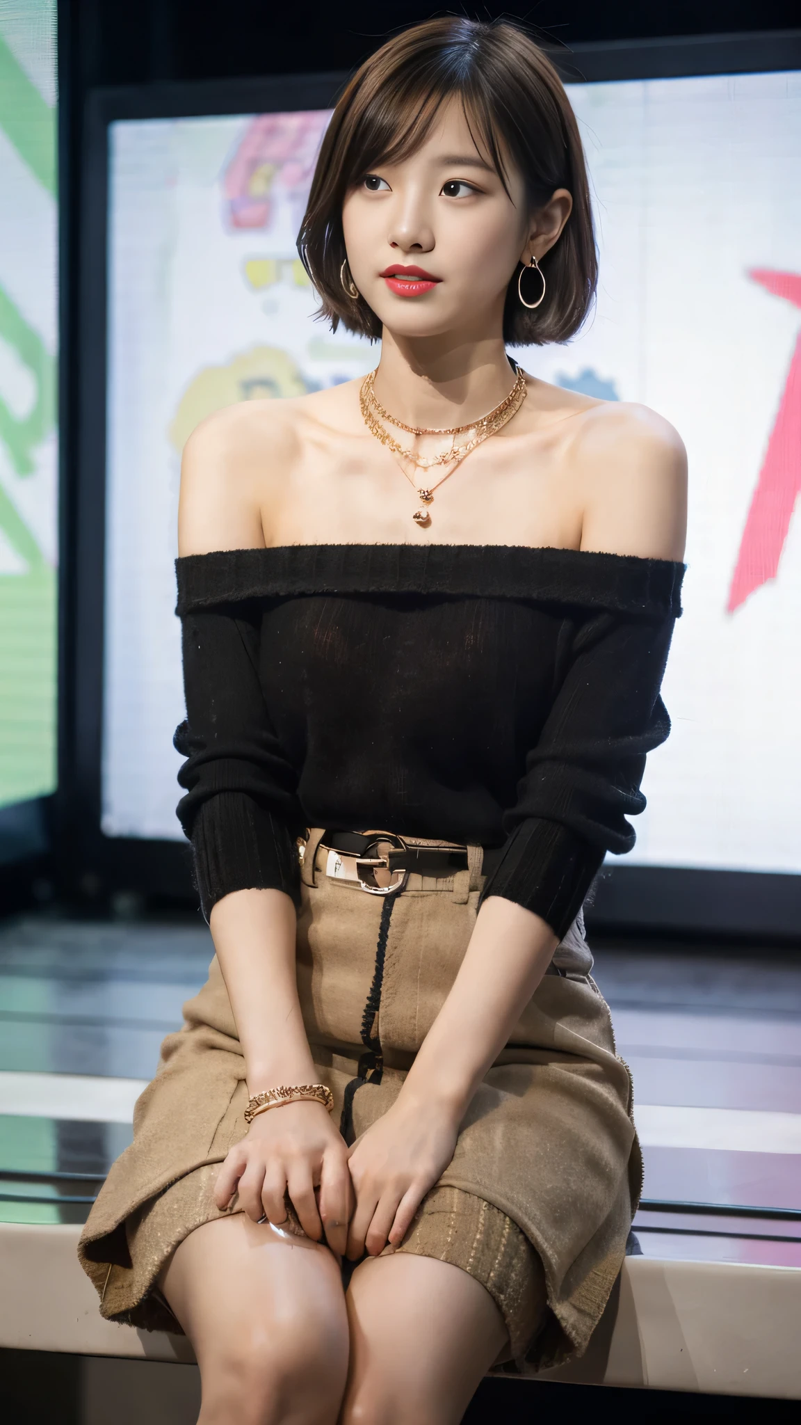 1 girl，single，Looking at the audience，short hair，skirt，Brown hair，shirt，Long legs，Long sleeve，Bare shoulders，Jewelry，Sitting，clavicle，Pleated Skirt，earrings，Black Long legs，necklace，Off-shoulder，sweater，Lips，Sleeves over wrists，Torn clothes，shadow，Telephone，Single leg，High waist skirt，环earrings，Off-shouldershirt，Red lips，Torn Long Legs，Off-shouldersweater，Red sweater，bring