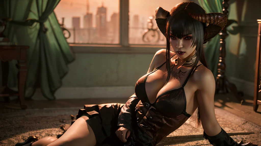 Eliza from Tekken, in a black bra and cleavage, with a blouse falling over her shoulders, sexy black skirt, sensual look, soft orange light over the room at dusk