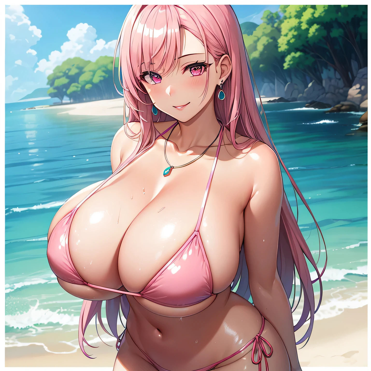 (masterpiece, highest quality:1.2),(Shiny skin:1.6), Upper Body, Detailed cloth texture, Detailed hair texture, One girl, alone, 17 year old girl sexy pose, Long eyelashes, Lips parted, shining pink lips, Pink Eyes, (The body is slim:1.1), (beautiful pink long hair:1.2), (Huge breasts:1.3), Floating Hair, (bangs), (Swimwear,Pink micro bikini), (Cleavage), (necklace, Earrings), smile, Blushing, View your viewers, (Cowboy Shot:1.5), coastal