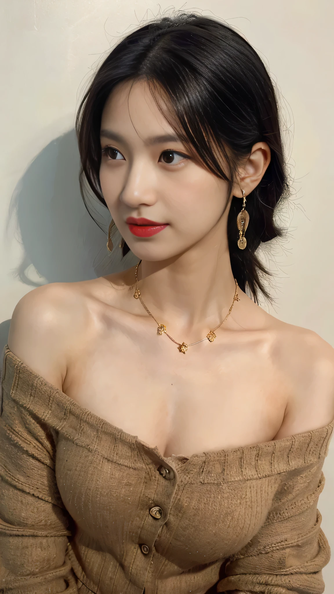 girl,solo,Chest,Black Hair,Off-shoulder,Brown eyes,Jewelry,Medium chest,clavicle,earrings,Off-shoulder,Lips,shadow,lifelike,Red lips