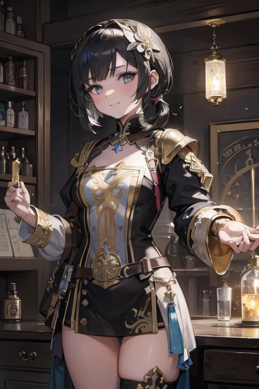 (fantasy:1.5),(anime,8k,masterpiece, top quality, best quality,beautiful and aesthetic:1.2,professional illustrasion:1.1,ultra detail:1.3,perfect lighting),extremely detailed,highest detailed,incredibly absurdres , highres, ultra detailed,intricate:1.6,(Alchemy Workshop:1.4),A girl mixing,Medicine in many small bottles,holding small potion,colorful:1.4,zentangle,(1girl),(girl),(Three kingdoms female warload),(highly detailed beautiful face and eyes,firm breasts),oily skin,((black,hair,short bob with short pony tail hair)),thin pubic hair,cute,lovely,14 years old,alchemist costume,Merchant's Clothing,smile