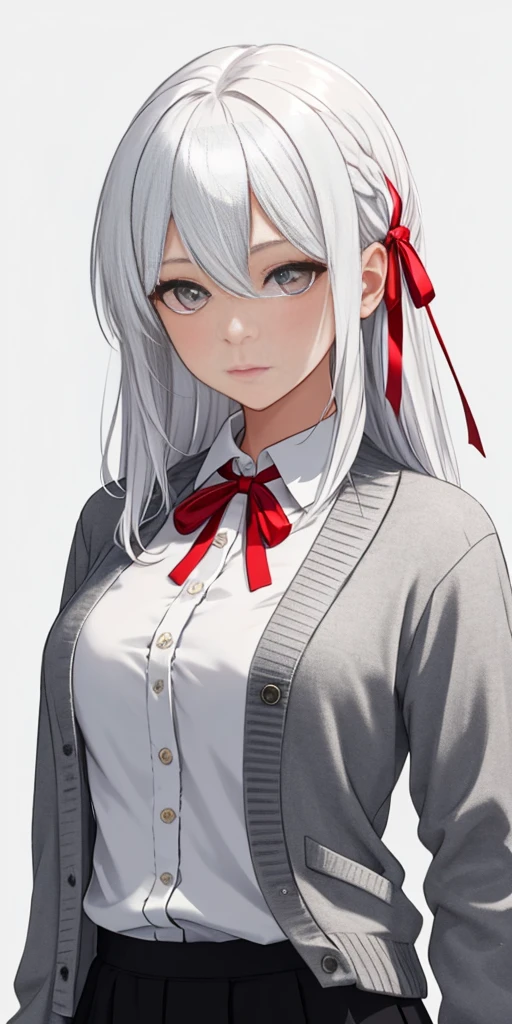 ((casual-style)), 1girl, solo, white hair, shirt, red ribbon, ribbon, looking at viewer, long hair, upper body, white eyes, white shirt, grey eyes, hair between eyes, neck ribbon, collared shirt, cardigan, closed mouth, expressionless, jacket, simple background, frills, bangs, white background, long sleeves