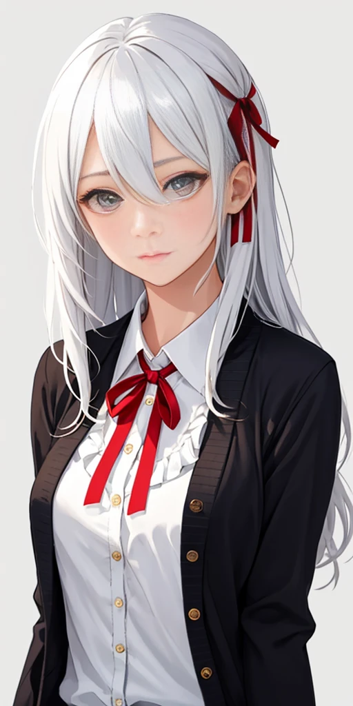 ((casual-style)), 1girl, solo, white hair, shirt, red ribbon, ribbon, looking at viewer, long hair, upper body, white eyes, white shirt, grey eyes, hair between eyes, neck ribbon, collared shirt, cardigan, closed mouth, expressionless, jacket, simple background, frills, bangs, white background, long sleeves