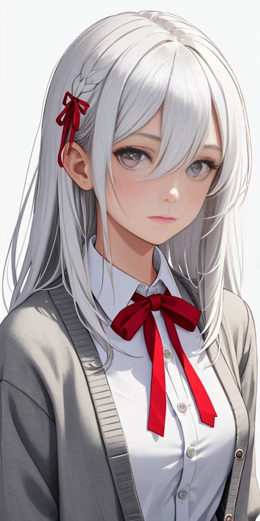 ((casual-style)), 1girl, solo, white hair, shirt, red ribbon, ribbon, looking at viewer, long hair, upper body, white eyes, white shirt, grey eyes, hair between eyes, neck ribbon, collared shirt, cardigan, closed mouth, expressionless, jacket, simple background, frills, bangs, white background, long sleeves