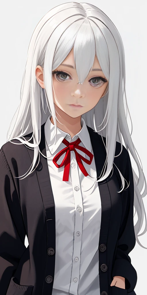 ((casual-style)), 1girl, solo, white hair, shirt, red ribbon, ribbon, looking at viewer, long hair, upper body, white eyes, white shirt, grey eyes, hair between eyes, neck ribbon, collared shirt, cardigan, closed mouth, expressionless, jacket, simple background, frills, bangs, white background, long sleeves