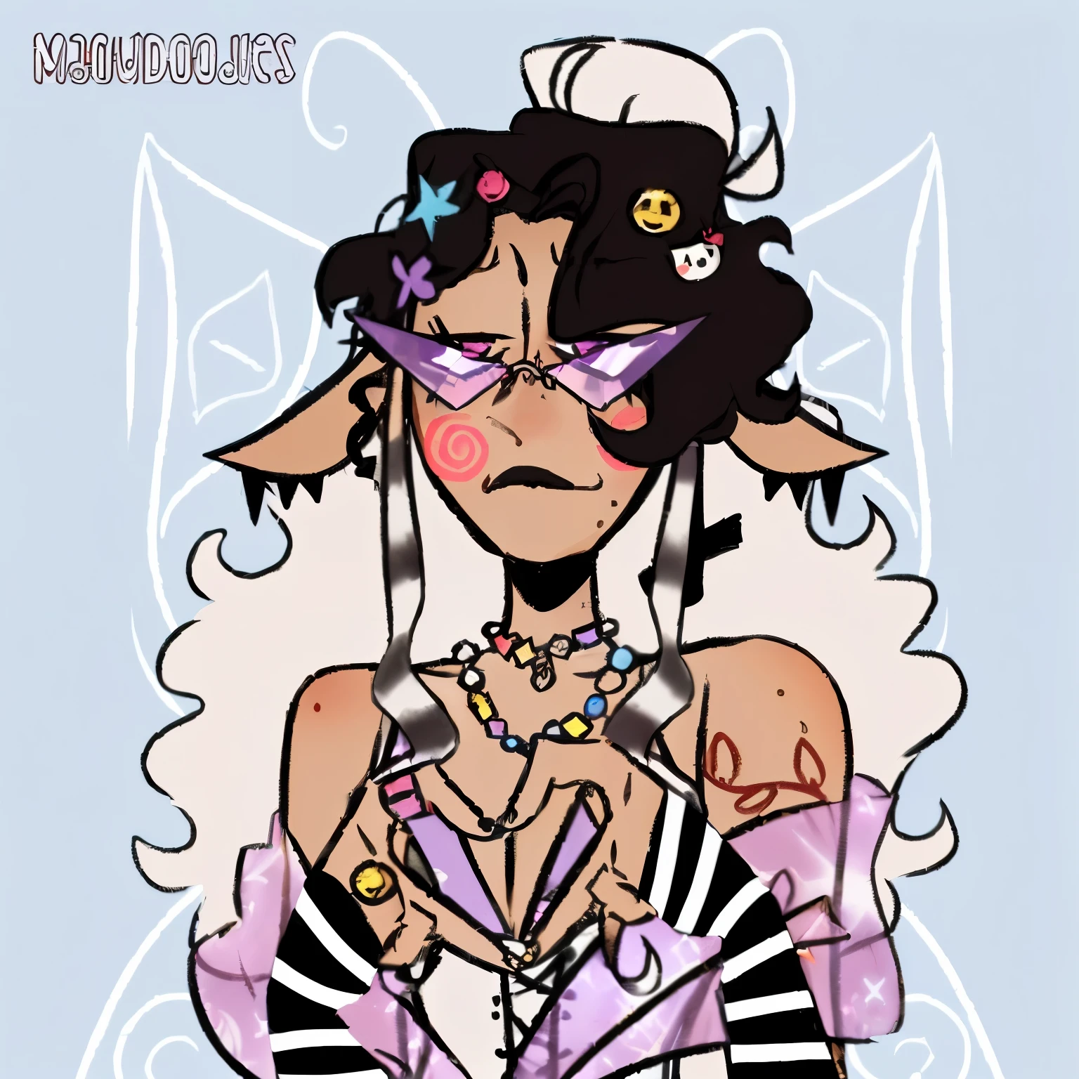 It has a drawing of a woman with a hat and necklace, vestido com babados ((Esfarrapado)), design de personagens candypunk, delicate androgynous prince, "Whoah, the prismatic person, e 2k cutecore clowncore, the non-binary deity of spring, adoptable full body, ((vestindo manto aristocrata)), como um personagem dnd